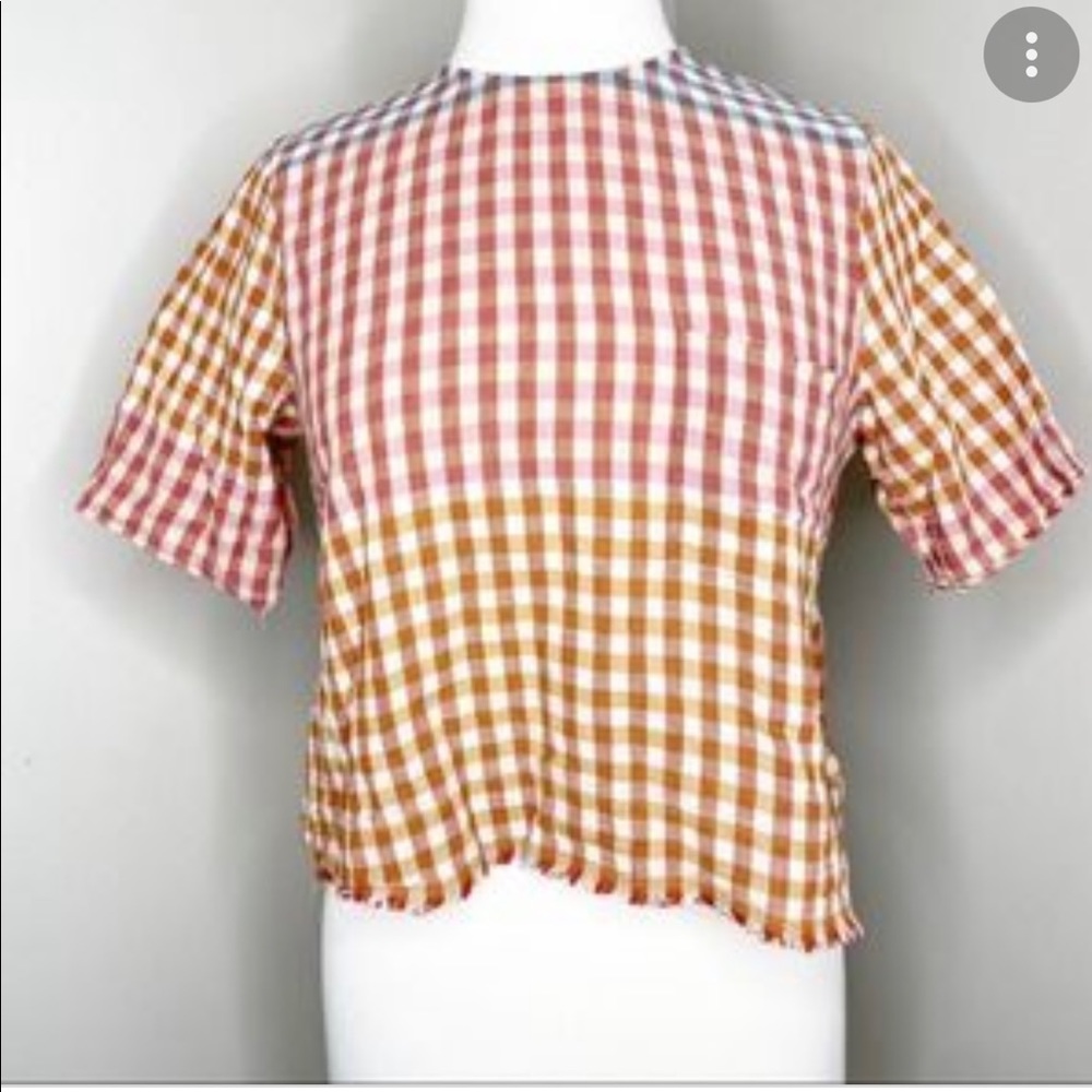 Zara multicolor plaid fringe hem button back blouse